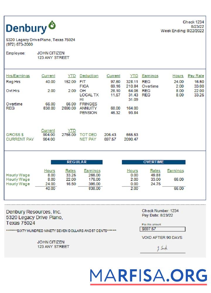 Blank USA Denbury Resources Inc. oil & gas company pay stub download for verification